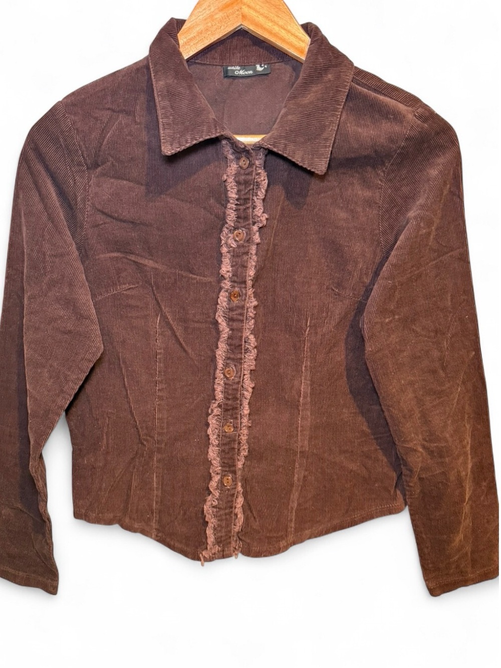 Brown Corduroy Button Up Shirt Fuzzy Trim Boho Western Goblincore Top Women’s M